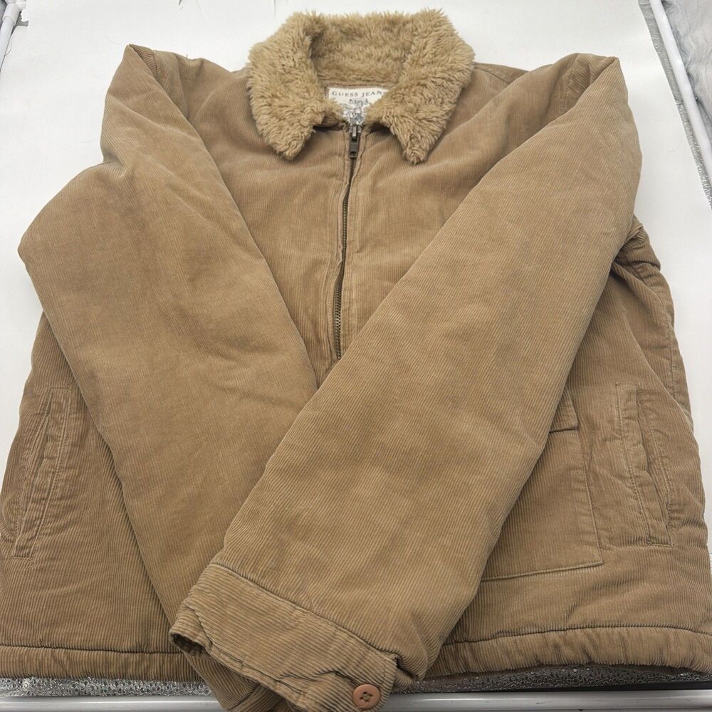 GUESS Jacket Men 2XL Brown Corduroy Sherpa Lined Bomber Snap Countryside